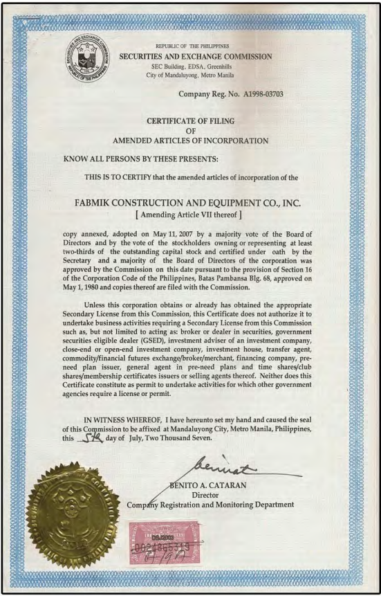 SEC certificate 1